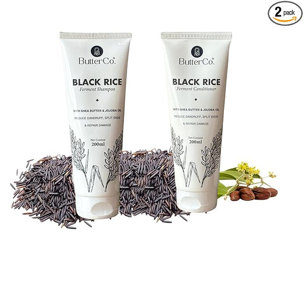 ButterCo. Black Rice Water Shampoo & Conditioner For All Hair Types | Anti Dandruff, Reduce Split Ends With 3X Damage Protection Formulated With Fermented Black Rice, Shea Butter, Jojoba Oil - 200ml